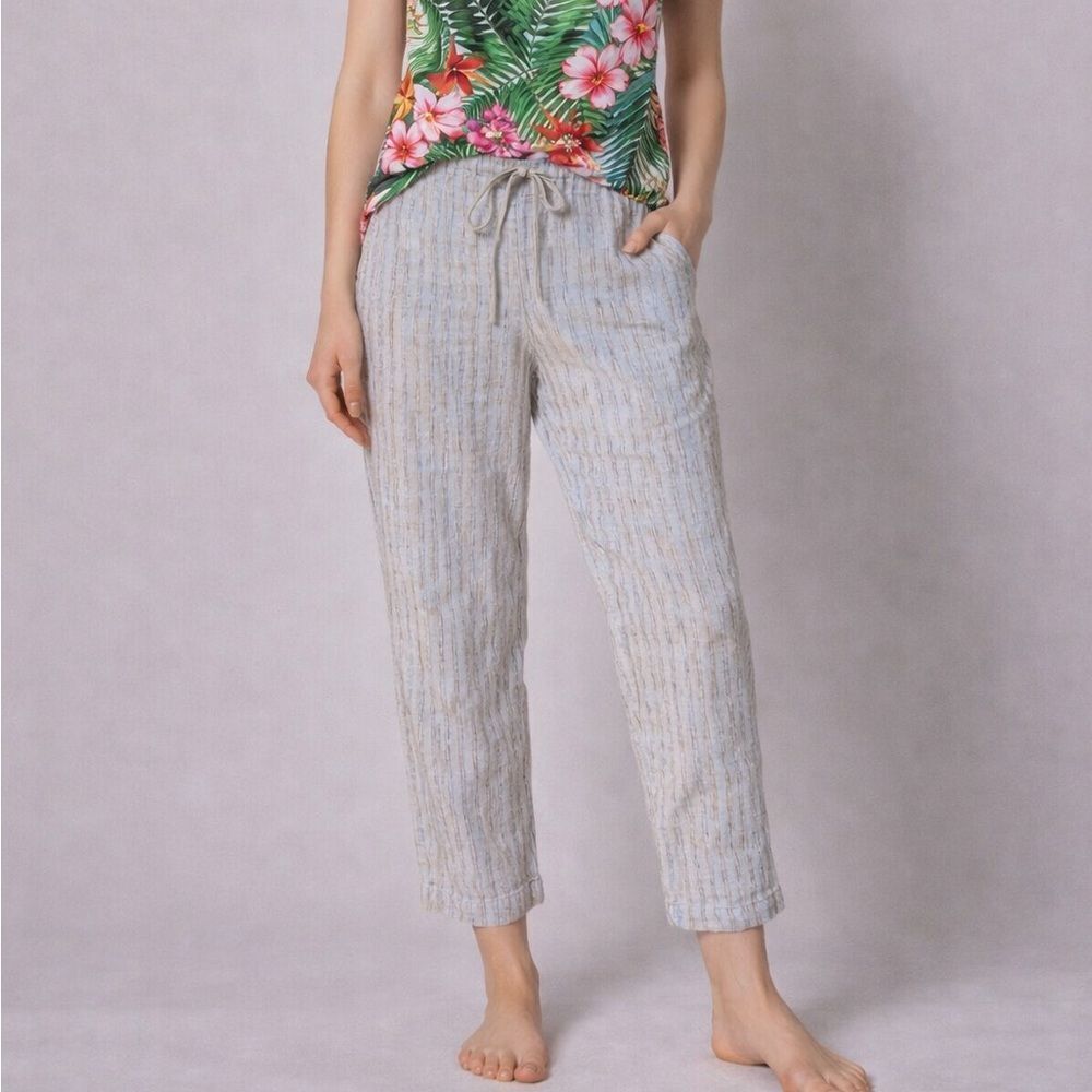 Novi Linen Knubby Slim Pants M/L Cream Striped Drawstring Beach Resort Bali Boho